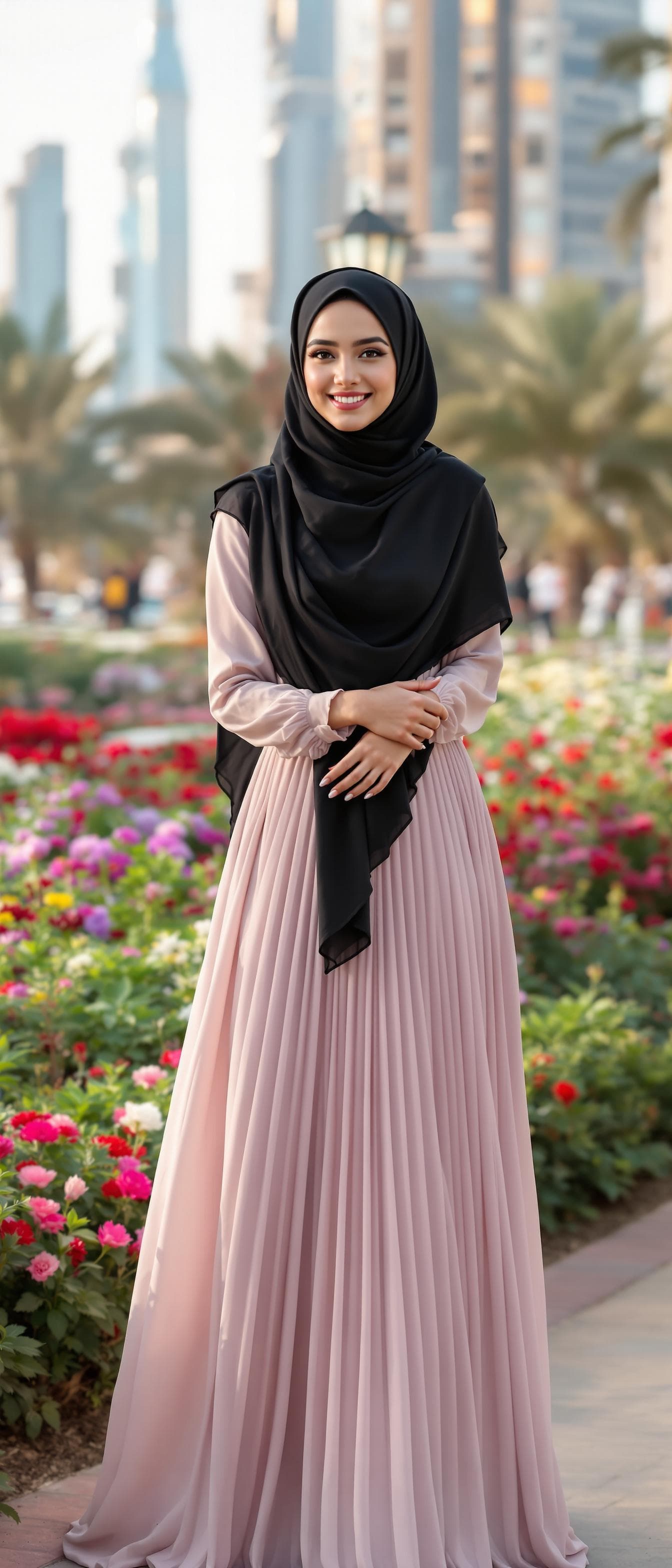 AI generated: realistic, beautiful Arabian woman, beautiful girl, shot front middle, full body, happy, black hijab...