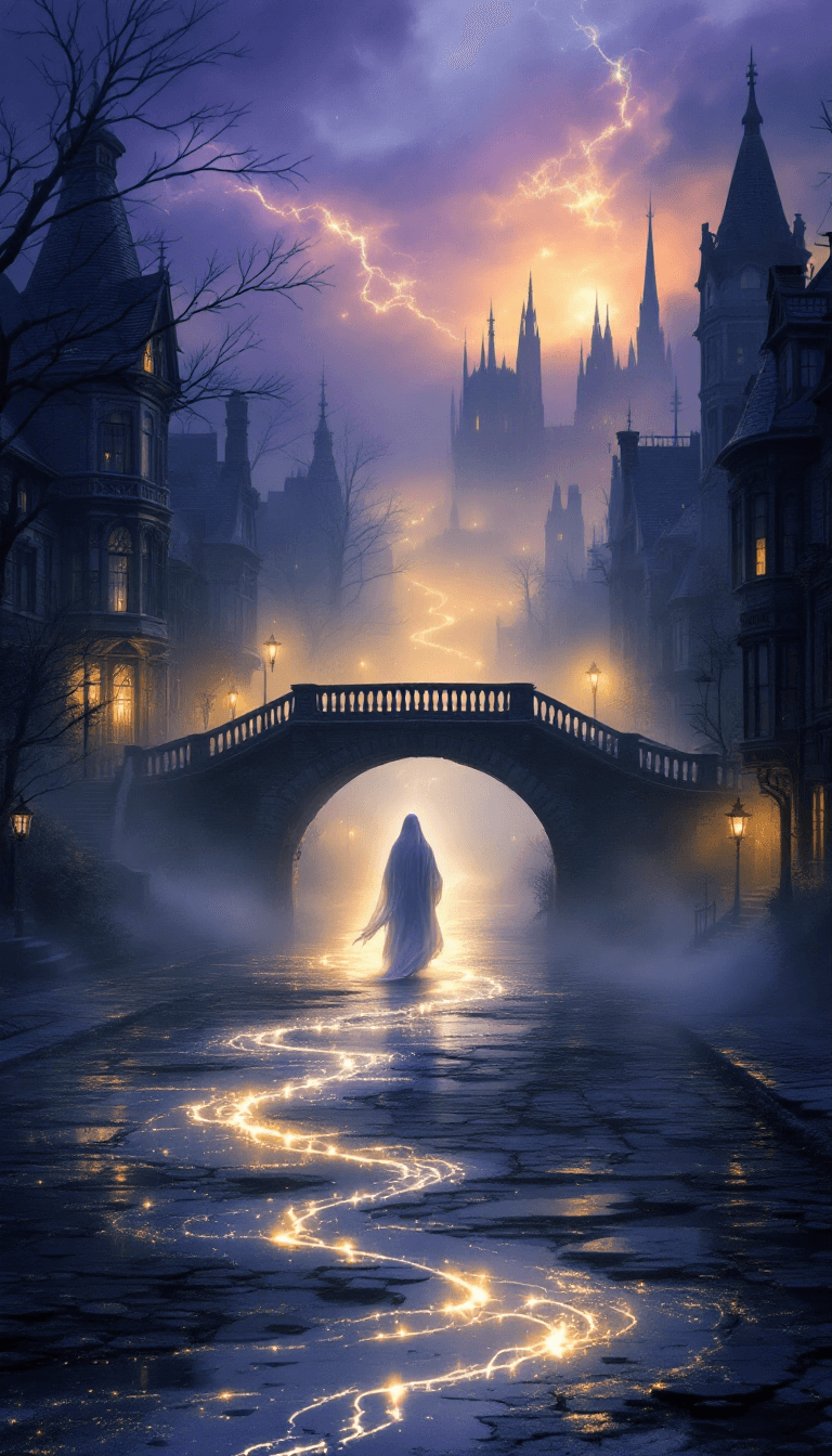 AI generated: A wide, ethereal view of a forgotten Victorian town at twilight, drowned in swirling violet, silver,...