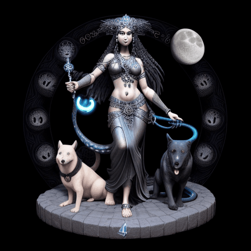 AI generated: gorgeous Godess Hecate 40 jears old with her symbols (2 Dogs, Snake, Key), moon in background, 3 d s...