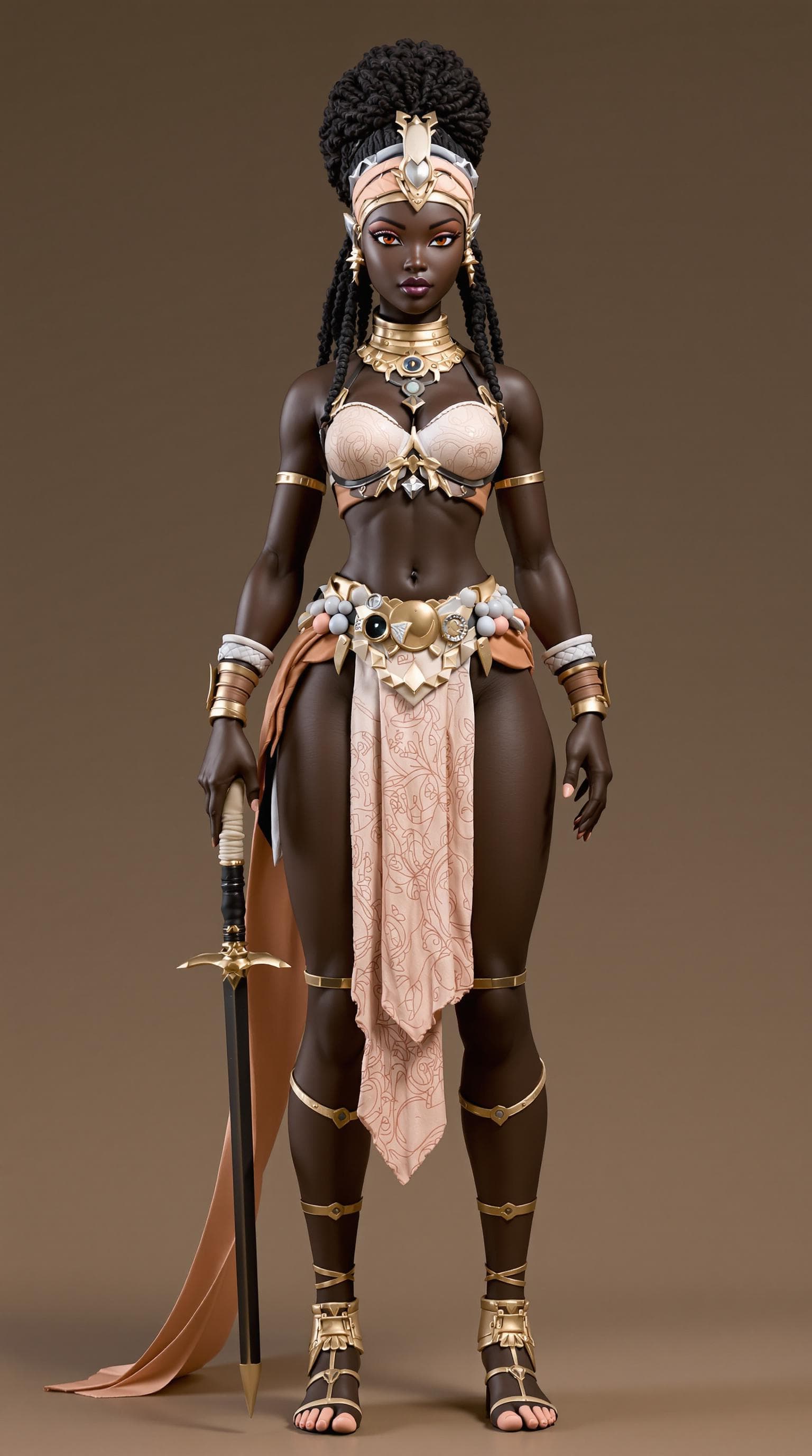 AI generated: beautiful fit and slim dark skinned African ebony warrior princess, seen standing full height, head ...