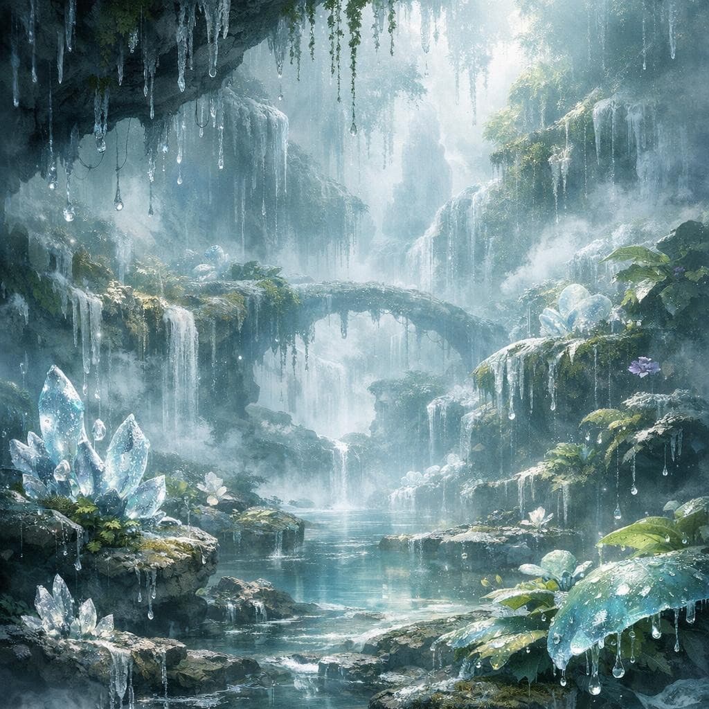 AI generated: Create a unique environment/Biome of a Ice Condensation → The Mist Gardens (thick humidity, water fo...