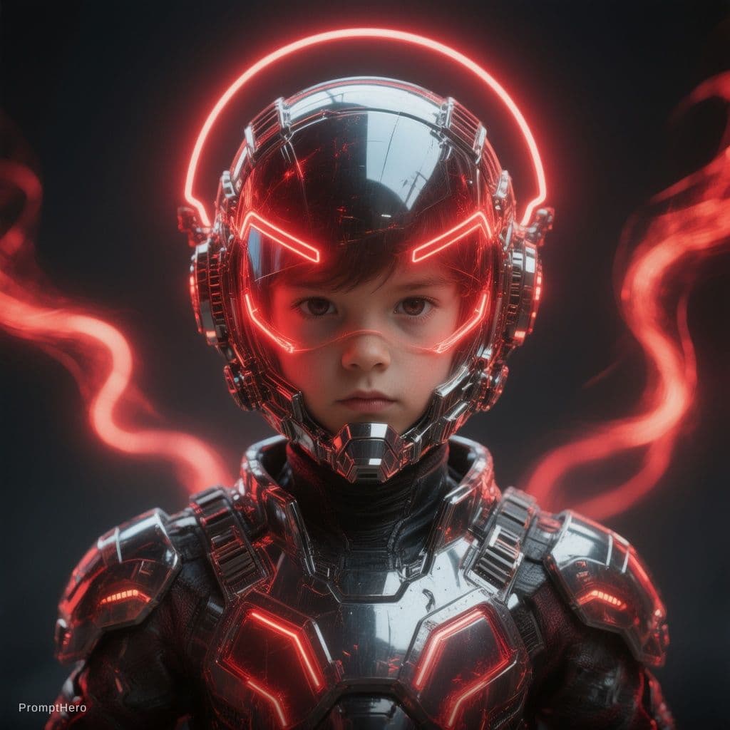 AI generated:  futuristic cyborg boy featuring a captivating reflective cybernetic helmet adorned with glowing tri...