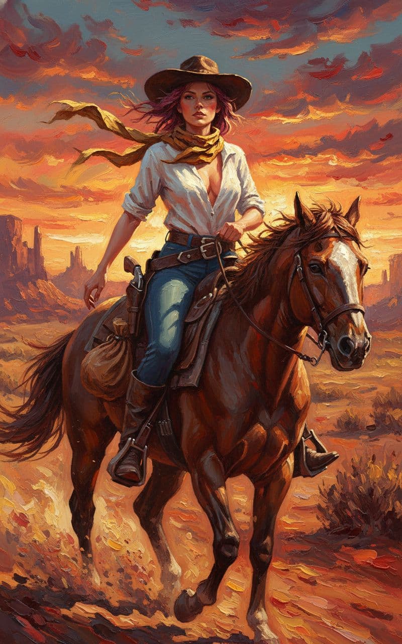 AI generated: A dramatic impasto oil painting in high relief, portraying a mysterious female outlaw riding her hor...