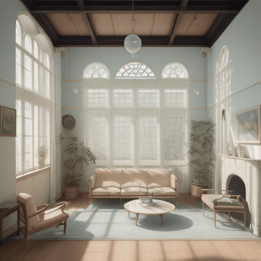AI generated: High resolution photography interior design, dreamy sunken living room conversation pit, wooden floo...
