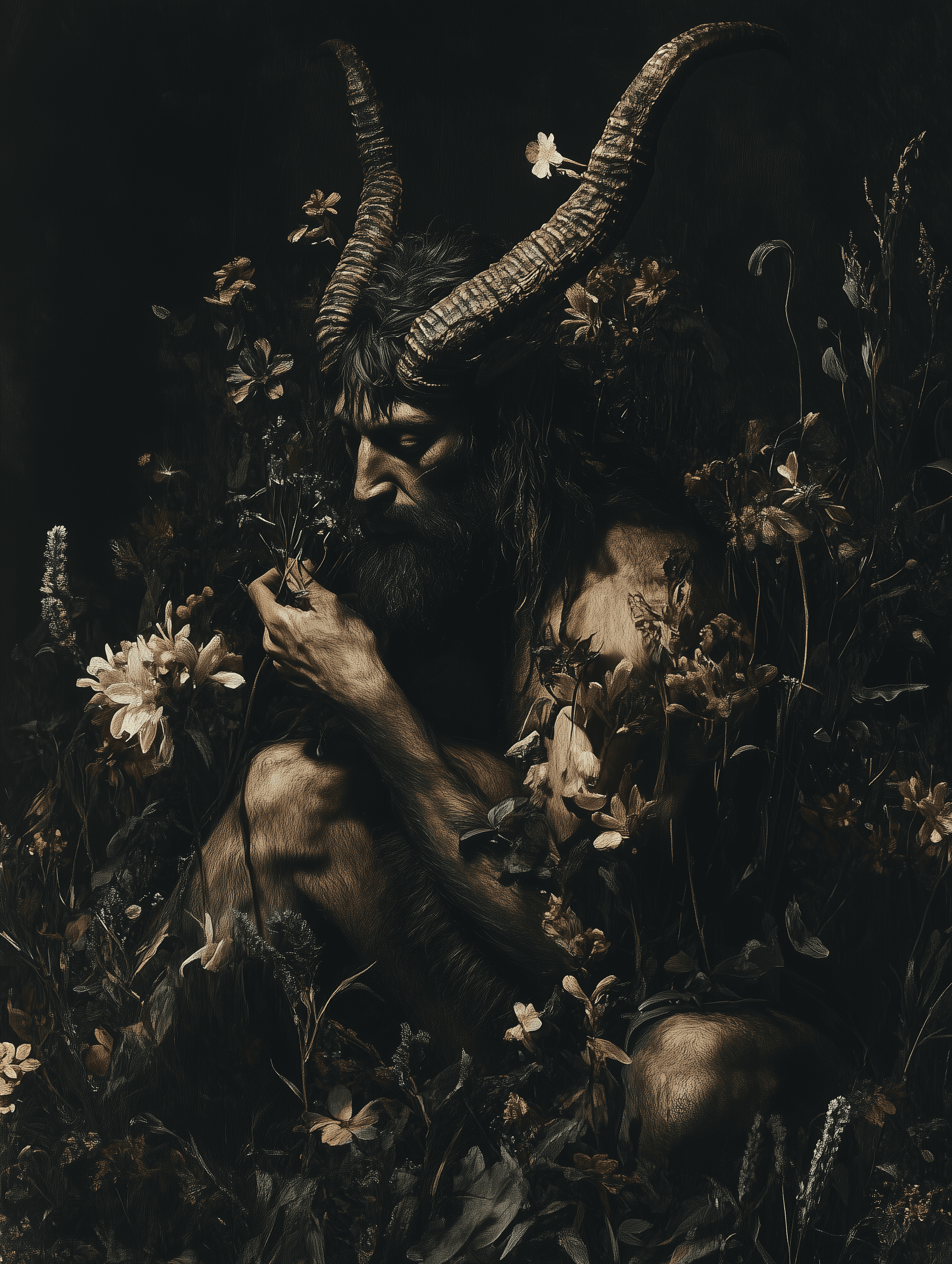 AI generated: a painting of the wild god in his natural habitat, surrounded by flowers and grasses, by Eadweard Mu...
