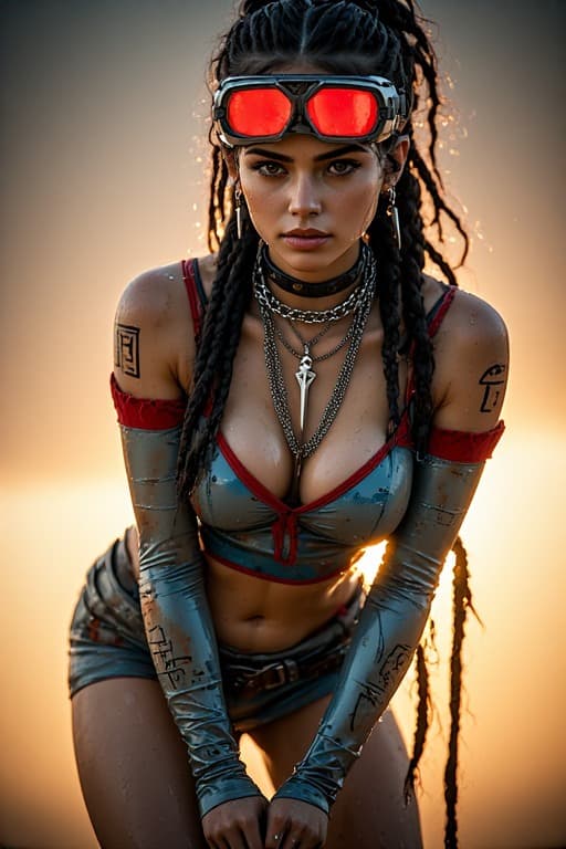 AI generated: A fierce cyberpunk warrior woman with long, dark dreadlocks, wearing red-lensed goggles pushed up on...