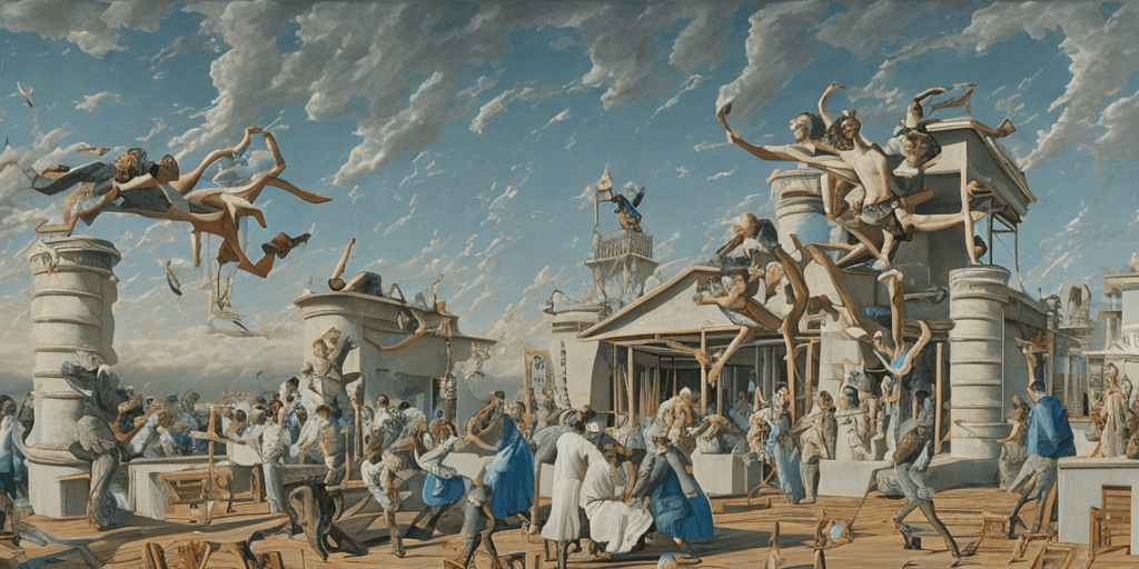 AI generated: painting, rooftop, neo rauch, painting with incomparable reality, intricate details
