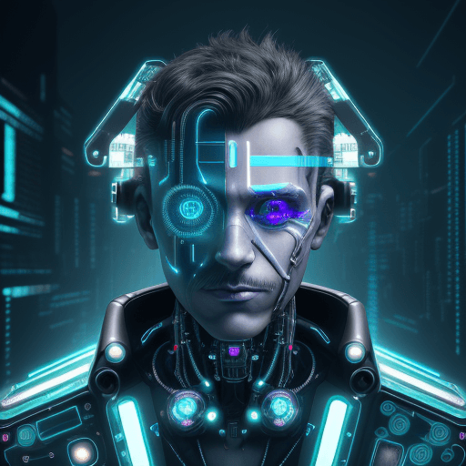 AI generated: Picture man in a cyberpunk world, half of his face transformed into a futuristic cyborg masterpiece....