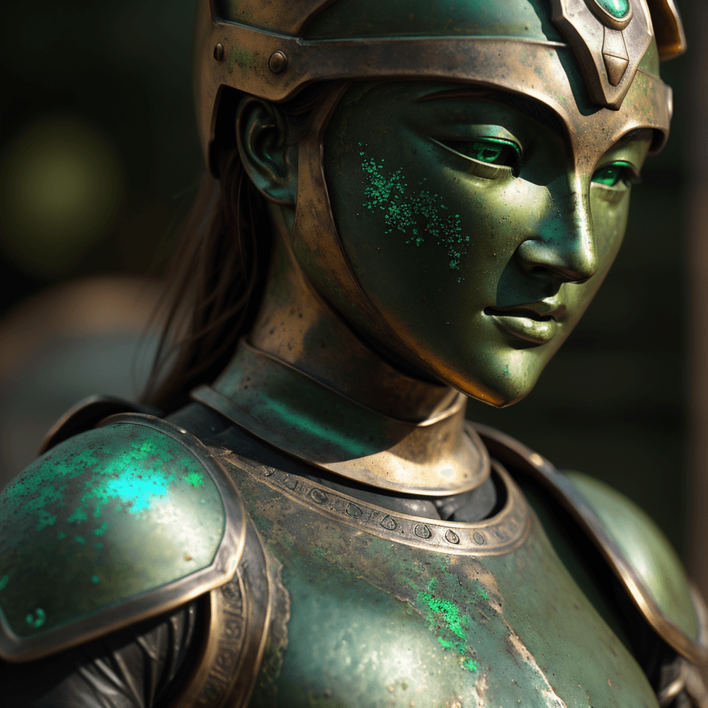 AI generated: bronze girl statue , detailed abrasions, bronze armor,( detailed green patina:1.4),black background,...