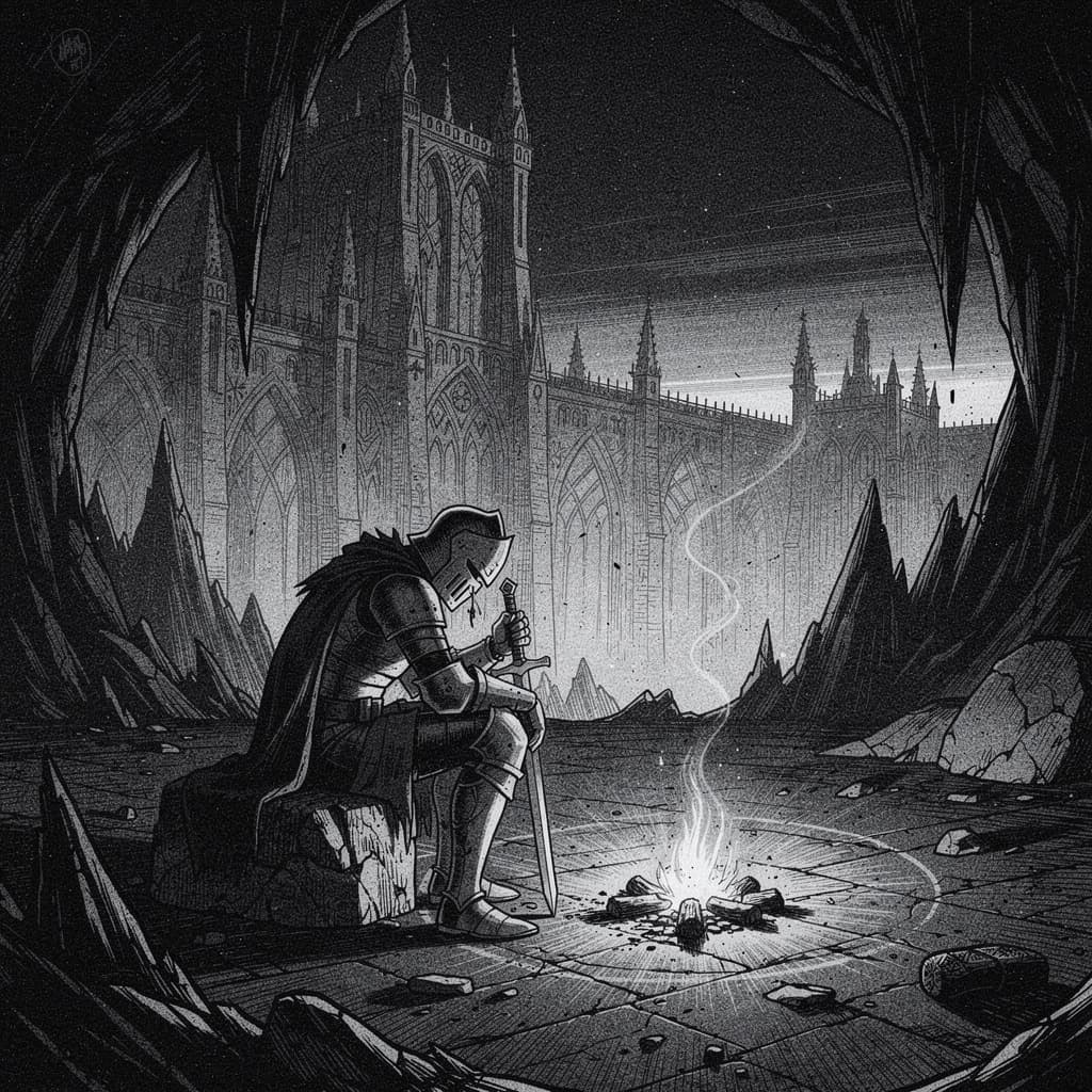 AI generated: A weary knight sitting by a small campfire in a dark cavern in the style of dark fantasy etchings an...