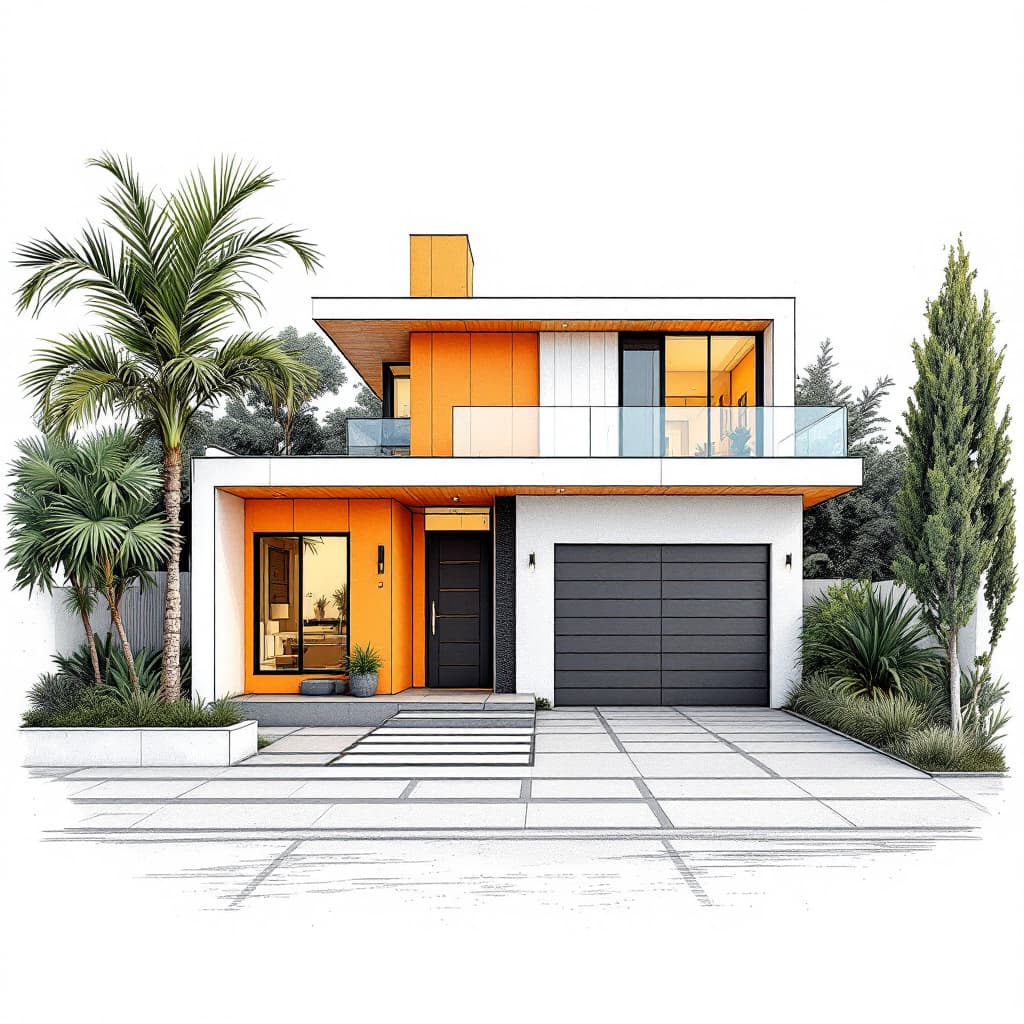 AI generated: Draw a luxury  minimalist one storied vibrant residential house [without garage]