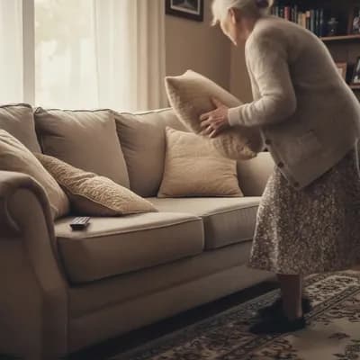 AI generated video: Grandma lifts the pillow and finds a pacifier underneath it.