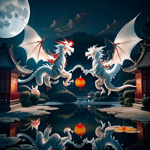 AI generated: Photo of a white chinese dragon and red chinese dragon, dancing together flying mid-air, beautiful m...