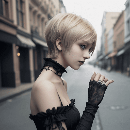 AI generated: Side view, cute girl, short blond hair, gothic clothes, multiple blaids in hair, beautiful detailed ...