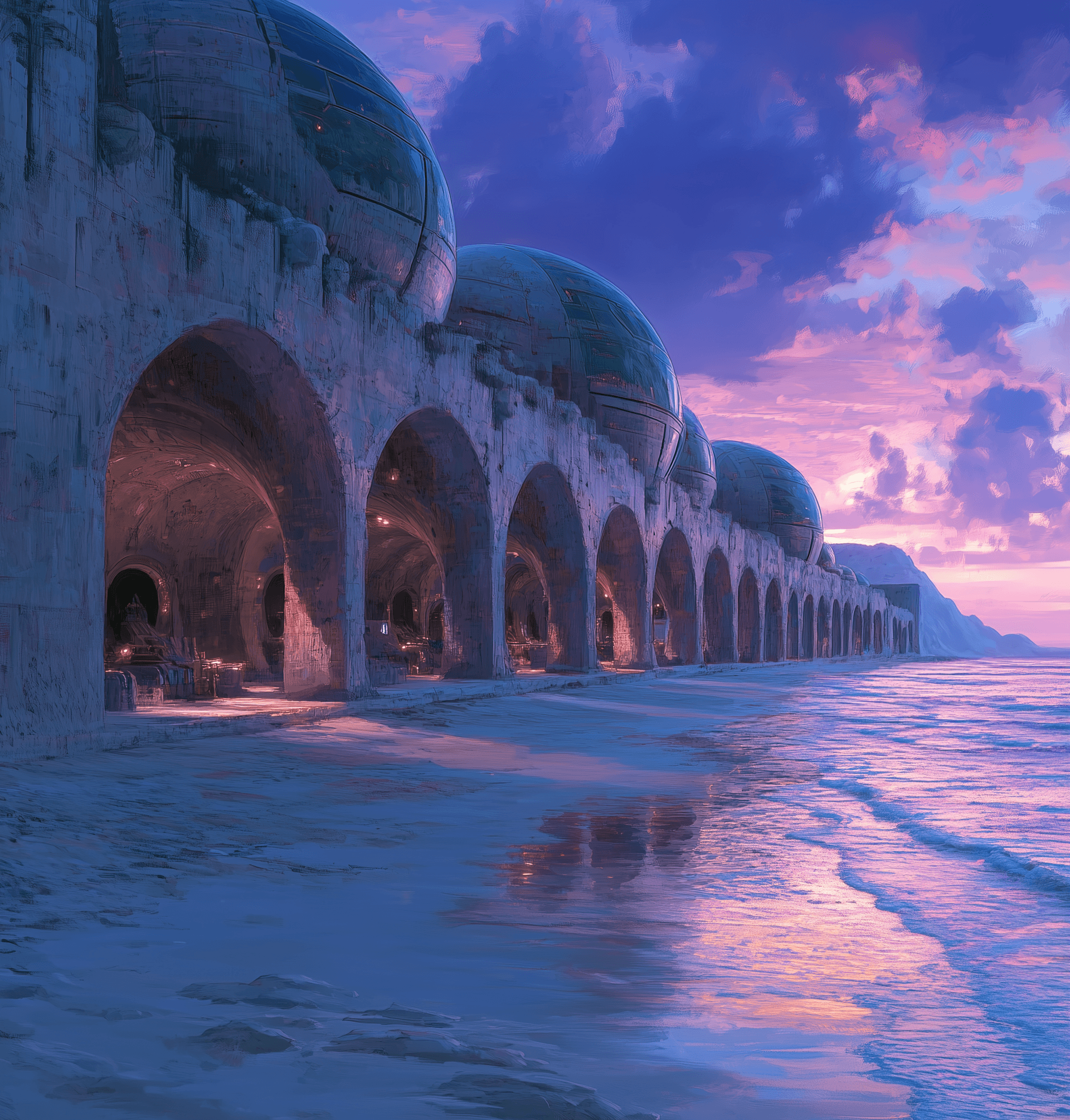 AI generated: Futuristic city on the horizon, surrounded by giant alien sea shells, blue sky, purple haze, by John...