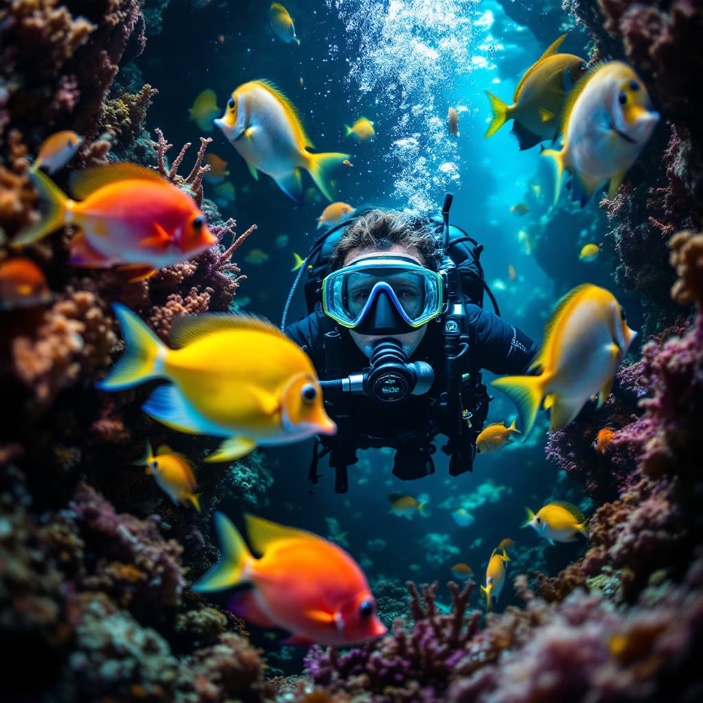 AI generated: high-resolution underwater photography, scuba diver with mask and breathing regulator surrounded by ...