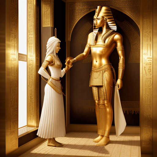 AI generated: Photo of a ultra realistic The dervish standing before the Pharaoh's daughter in a private chamber a...