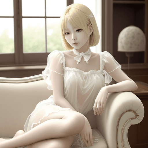 AI generated: beautiful blonde woman wearing white sitting on a couch, in the style of oshare kei, nostalgic charm...