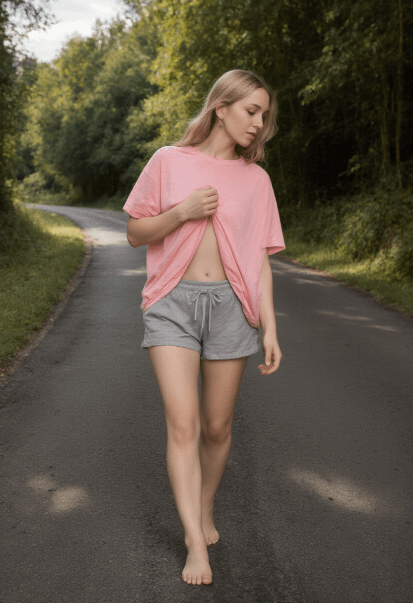 AI generated: A photorealistic, cinematic portrait of a woman walking barefoot along a quiet, winding asphalt road...