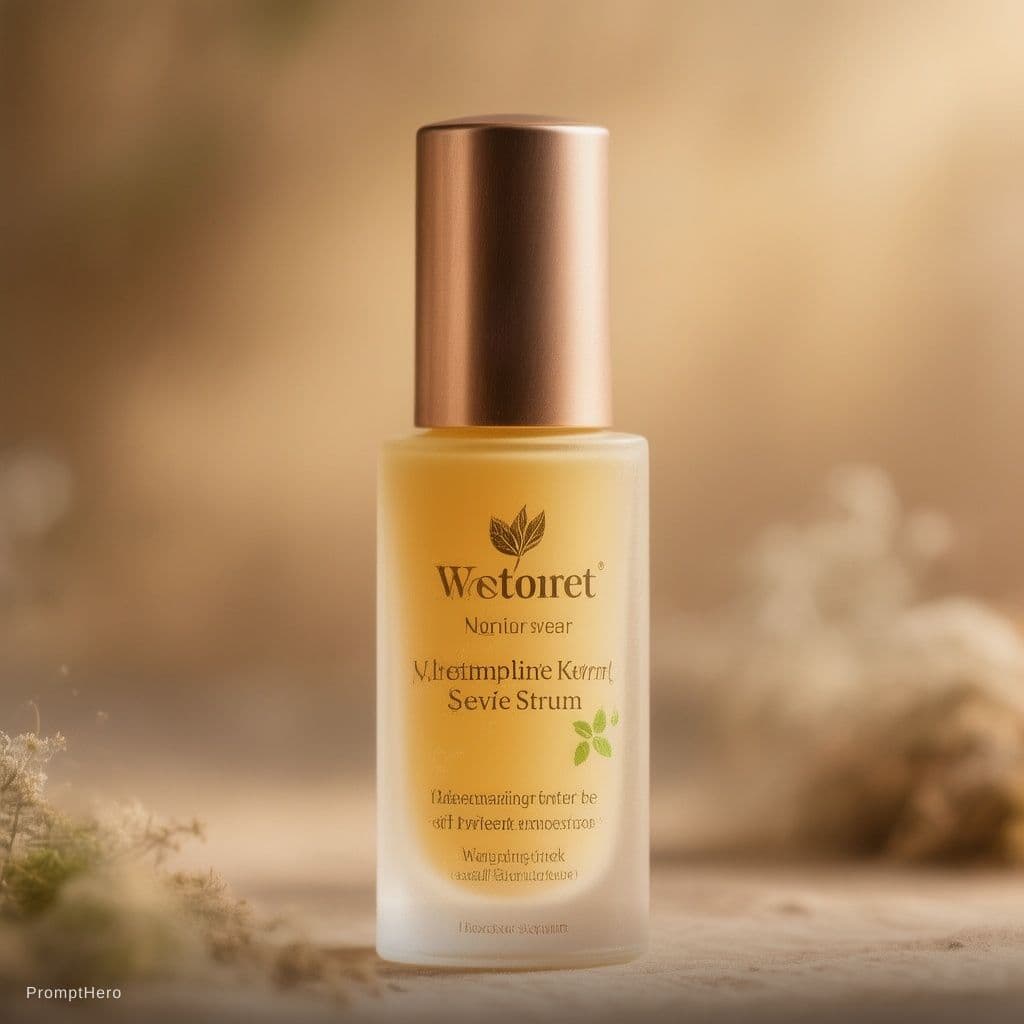 AI generated: Detailed shot, Seed Anti-Oxidant Serum, emphasizing the serum's elegant packaging and organic appeal...