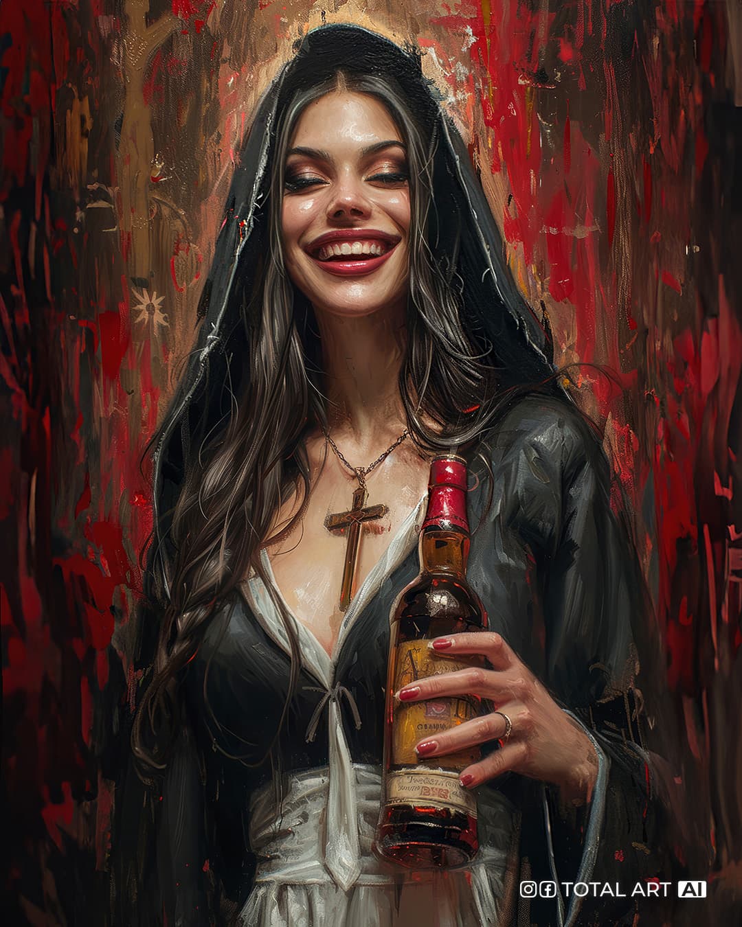 AI generated: An oil painting of full body smiling super model Alessandra Ambrosio in a nun black robe with white ...