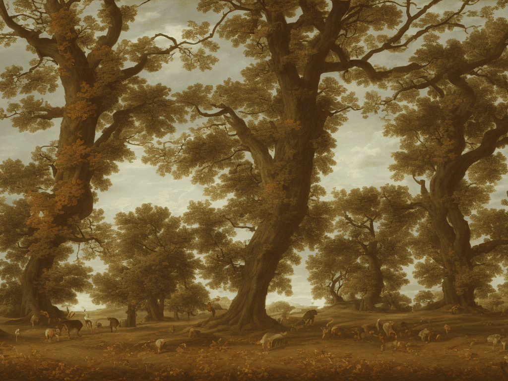 AI generated: A leafy oak on the left and a charm with autumnal colors on the right whose size would be slightly s...