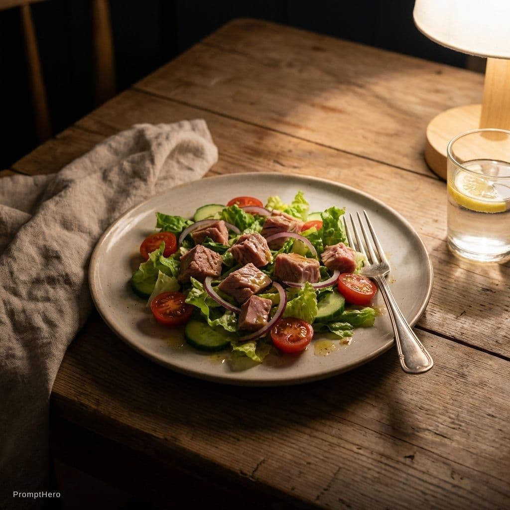 AI generated: A casually prepared tuna salad served on a rustic wooden table at night.The salad consists of fresh ...