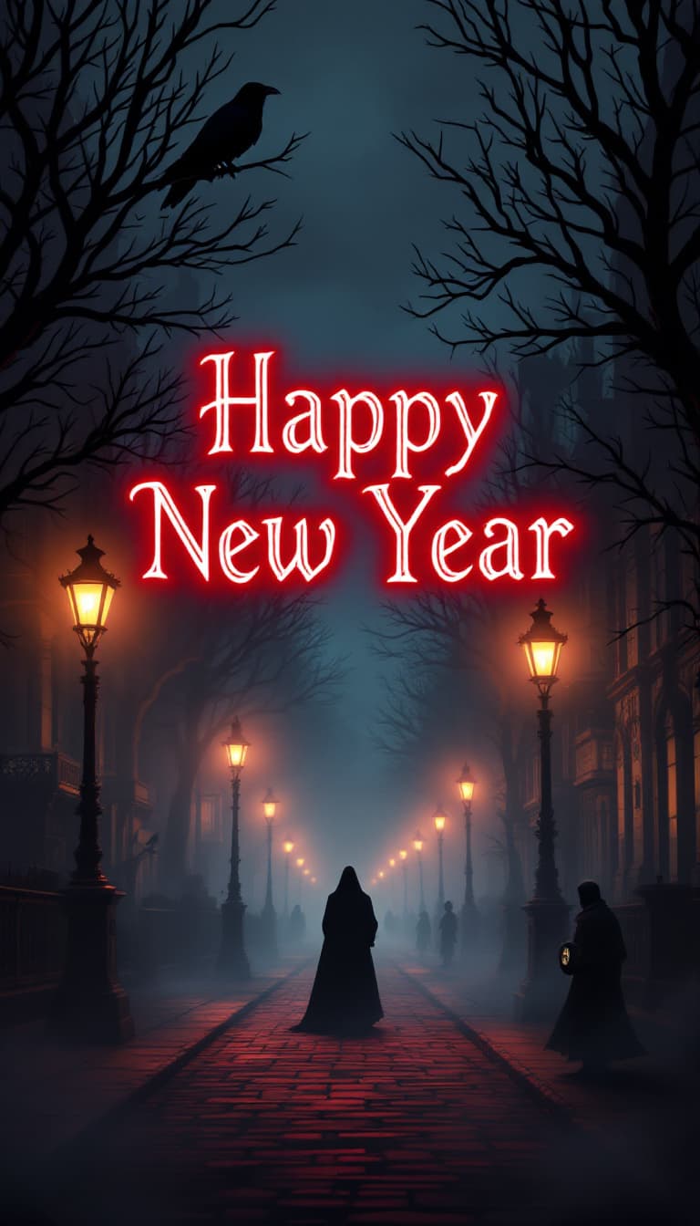 AI generated: An eerie Victorian New Year’s card in Penny Dreadful comic style: A dark, foggy Victorian street sce...