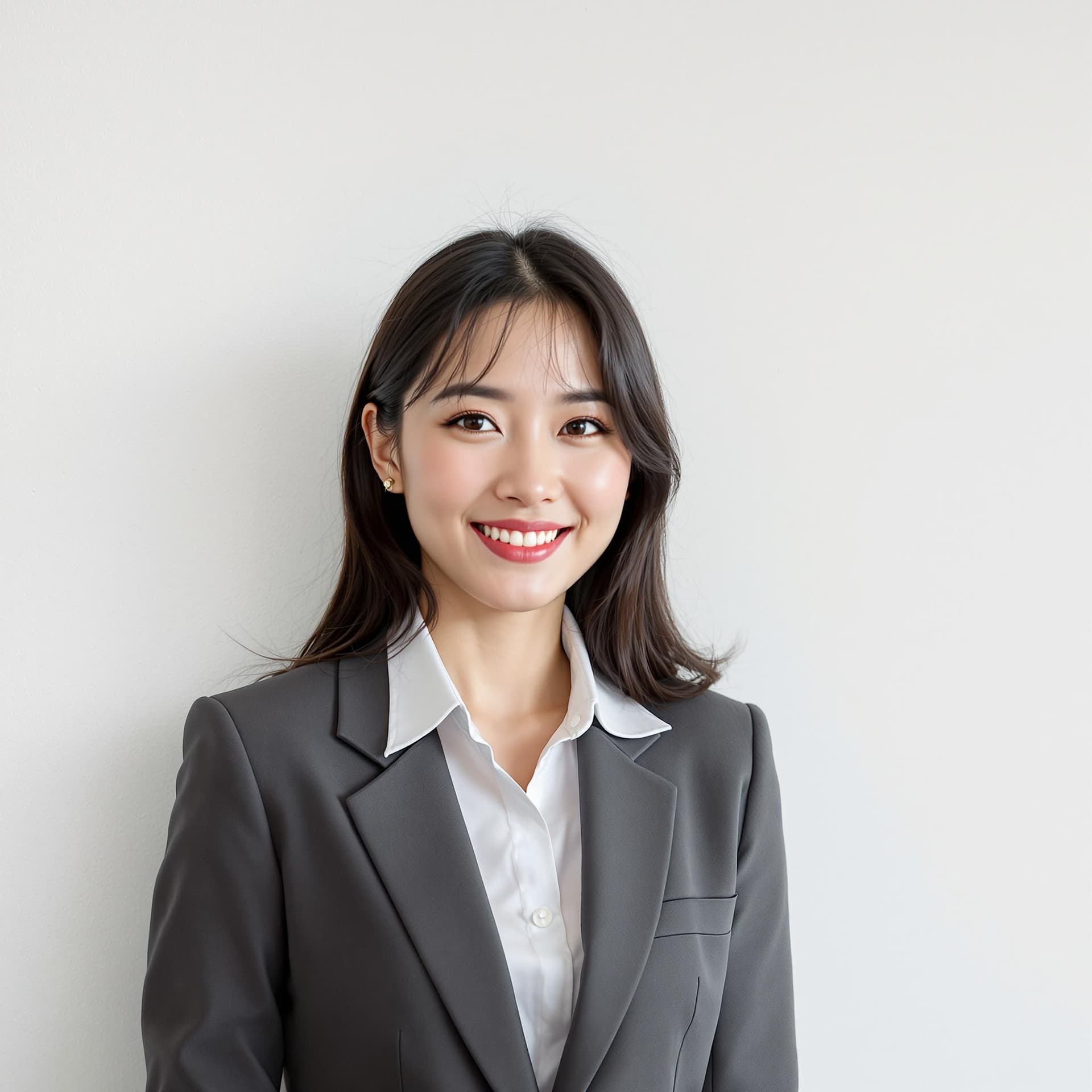 AI generated: asian woman in business professional attire, white wall