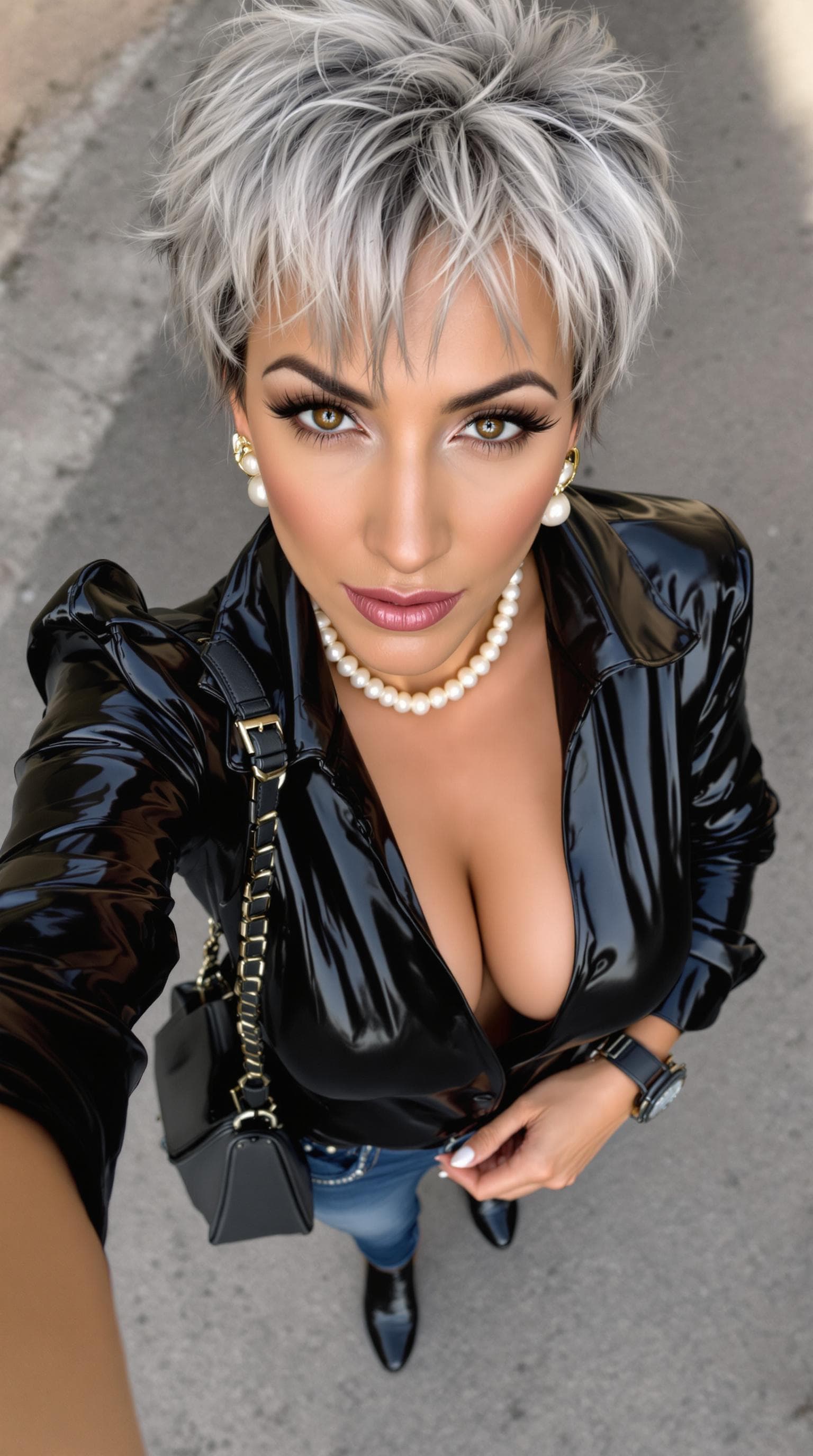 AI generated: Low angle Closeup Overhead selfie shot of a towering, beautiful, sultry, seductive, Israeli sexxy 60...