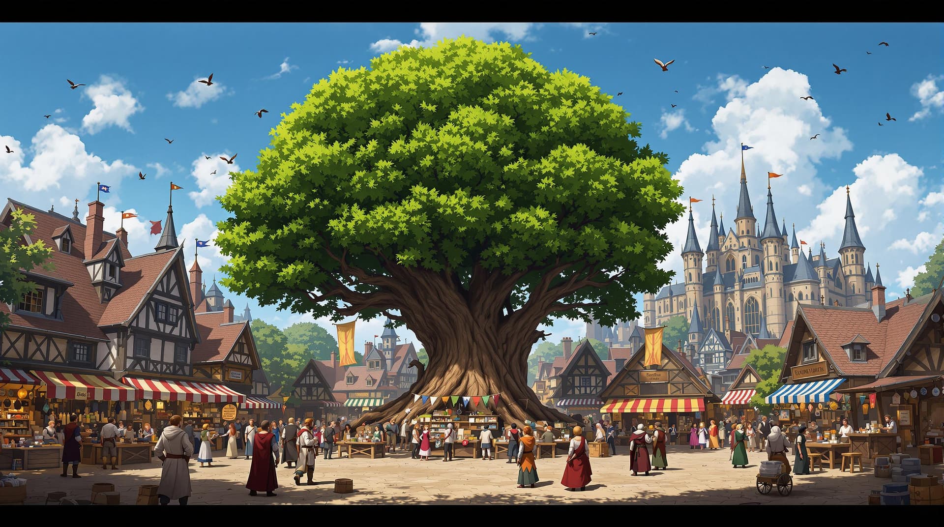 AI generated: a medieval-style village market, with a large tree at its center. The villagers are dressed in medie...
