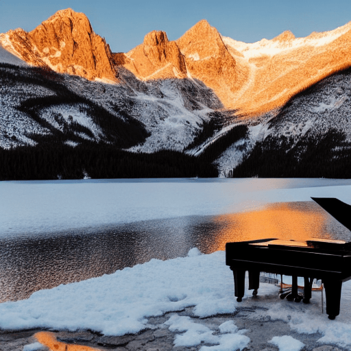 AI generated:  a piano in a lake  surrounded by the mountains with snow
