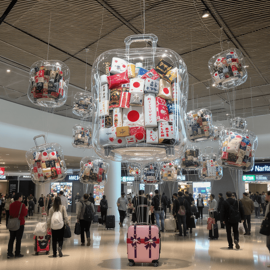 AI generated: carry-on luggage as a clear pvc balloon, stuffed with Japanese souvenirs. which floats as an exhibit...