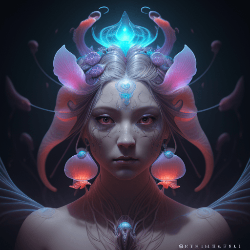 AI generated: Goddess close-up portrait ribcagel. jellyfish phoenix head, nautilus, orchid, skull, betta fish, bio...