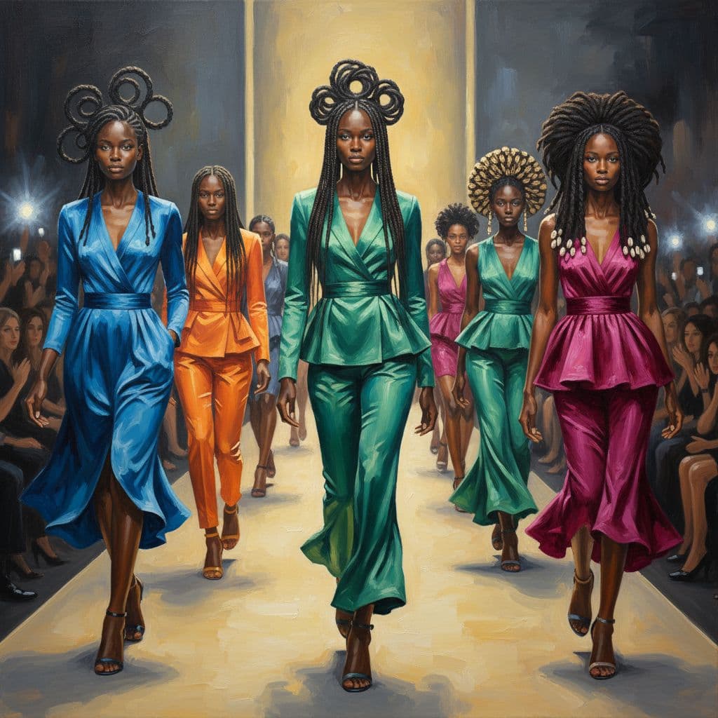 AI generated: A vibrant, highly detailed full-body painting in oil and acrylic, featuring a group of elegant Afric...