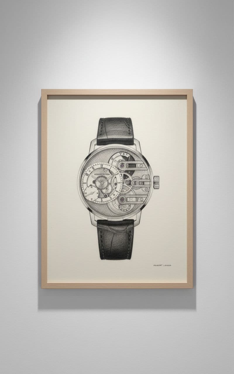 AI generated: die uhr ist gezeichnet vom künstler Robert Longo auf papier und eingerahmt in hellem Holzrahmen