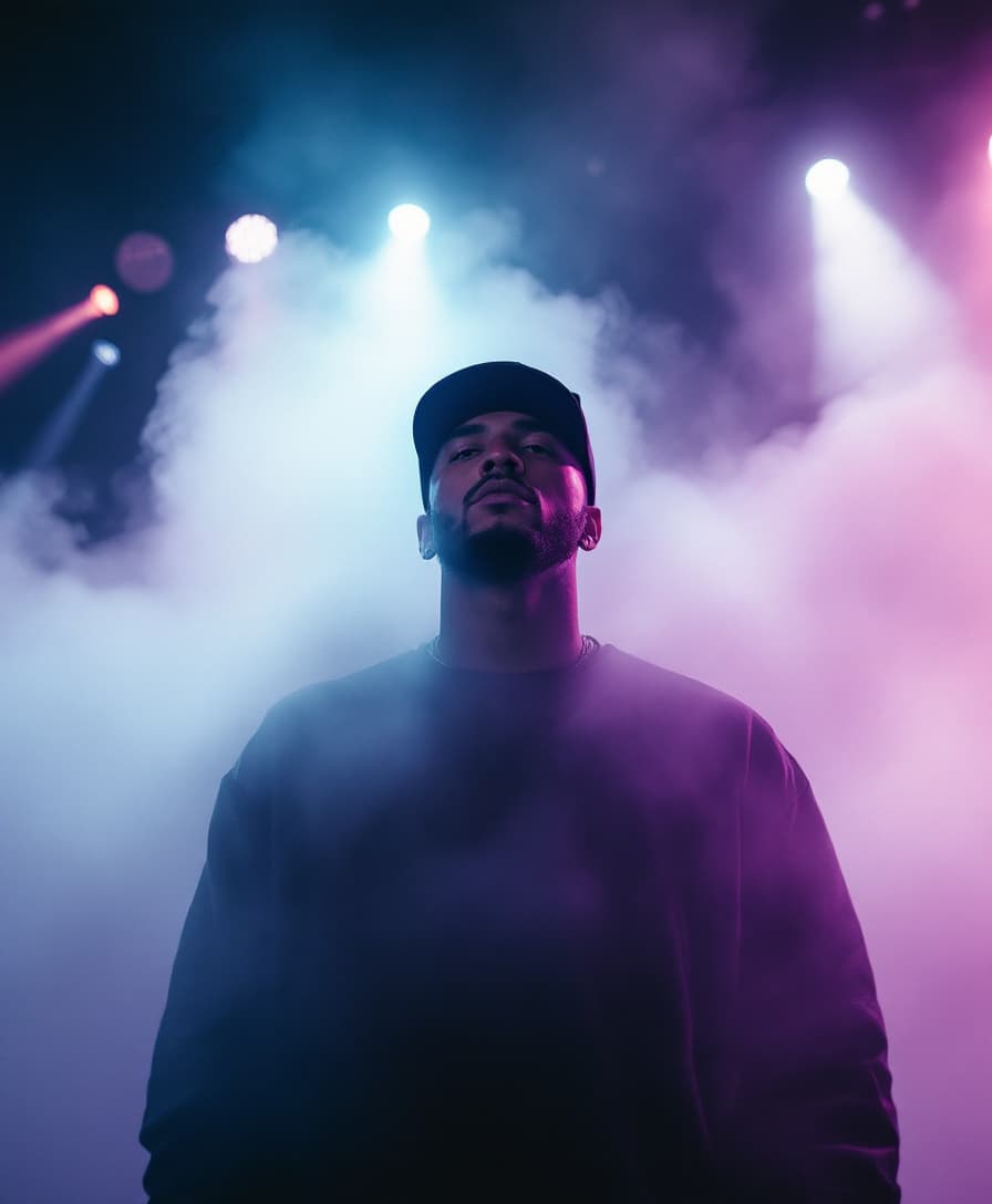 AI generated: color photography of white-skinned rapper in baseball cap emerging from fog on stage during concert,...