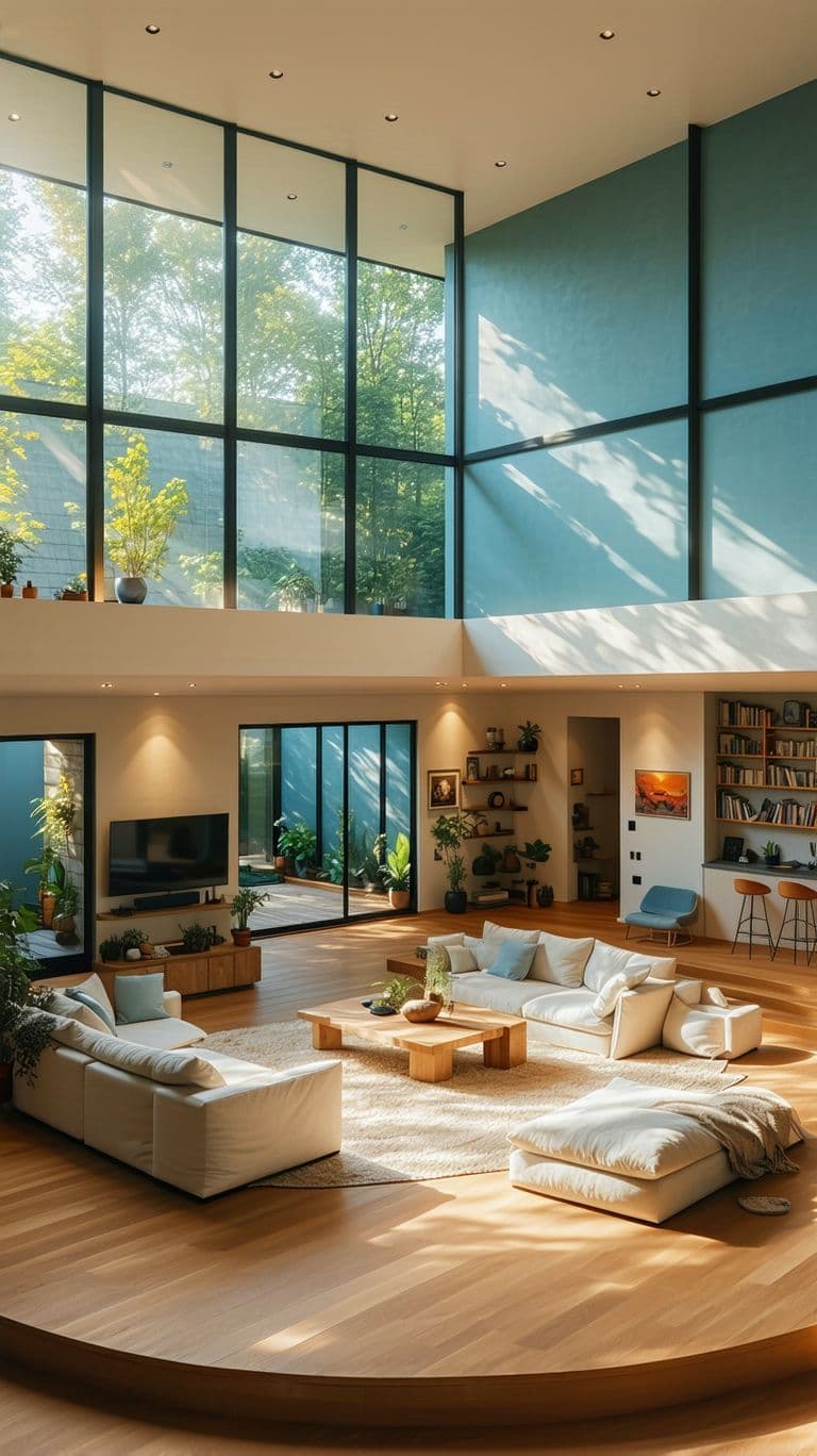 AI generated: High resolution photography interior design, dreamy sunken living room conversation pit, wooden floo...