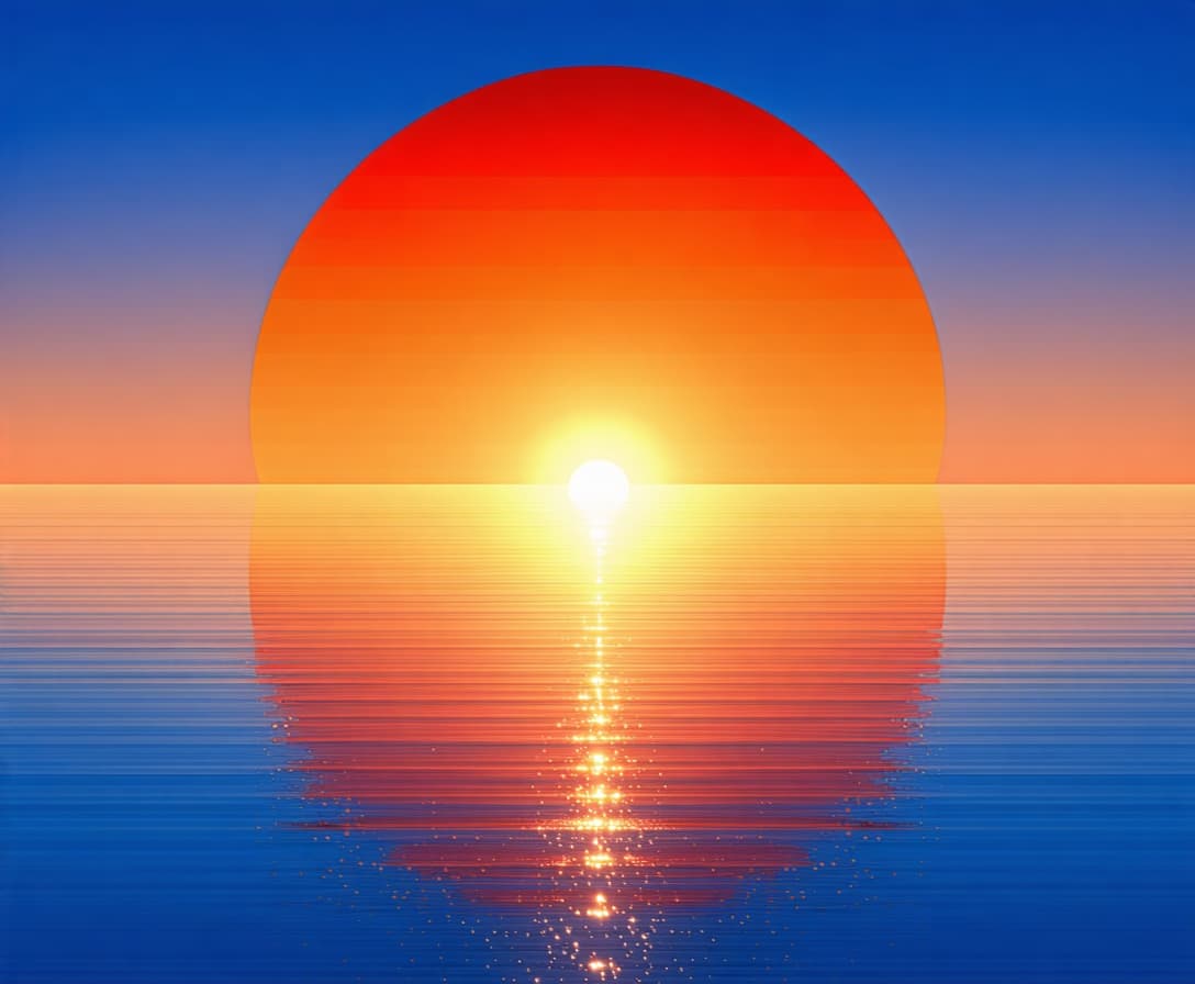 AI generated: flag, dual_sided, horizontal_divide, upper_half, horizon, sunrise, orange_sky, red_sky, blue_sky, fa...