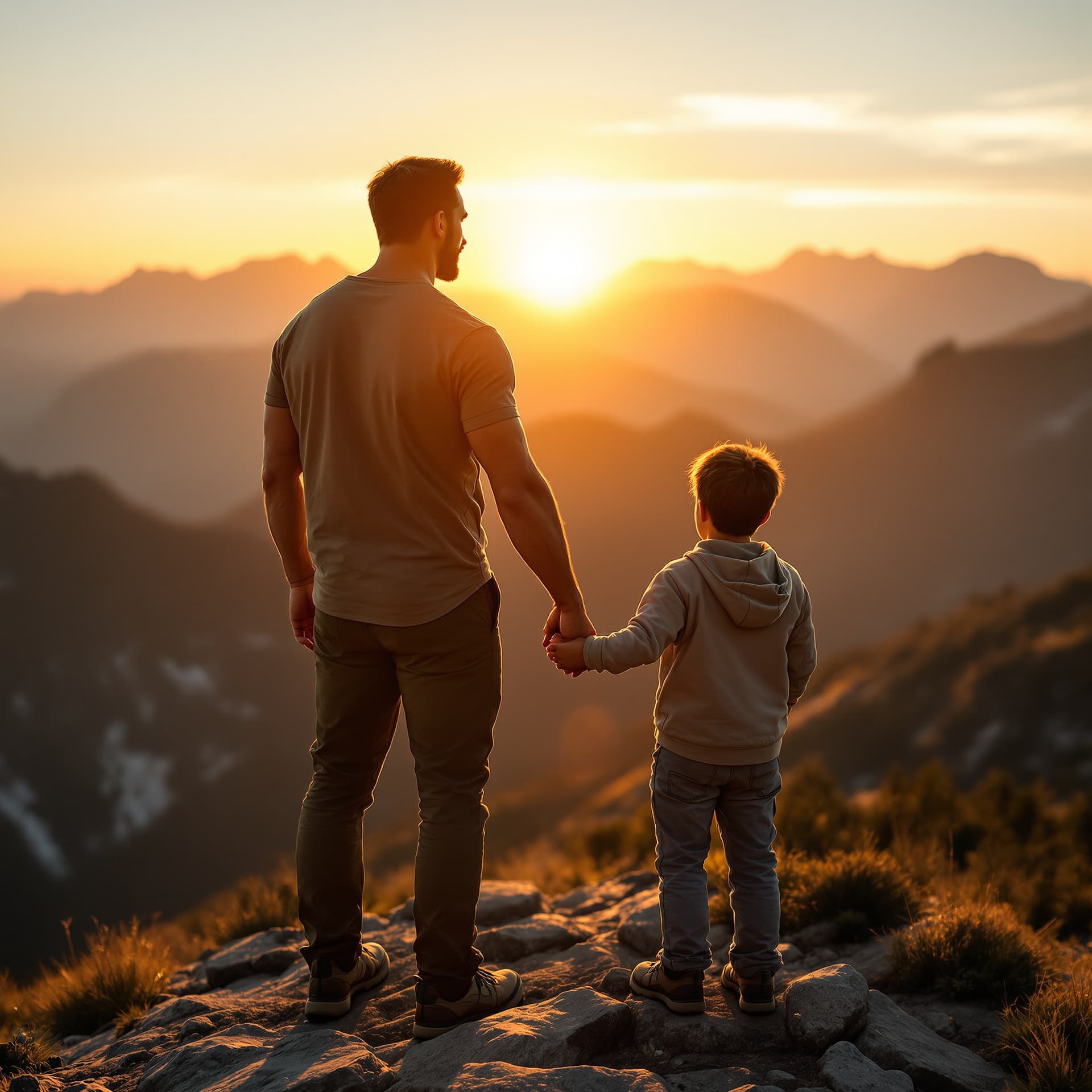 AI generated: Ultra-HD, hyper-realistic professional outdoor photo. A father and his 6-year-old son stand on top o...