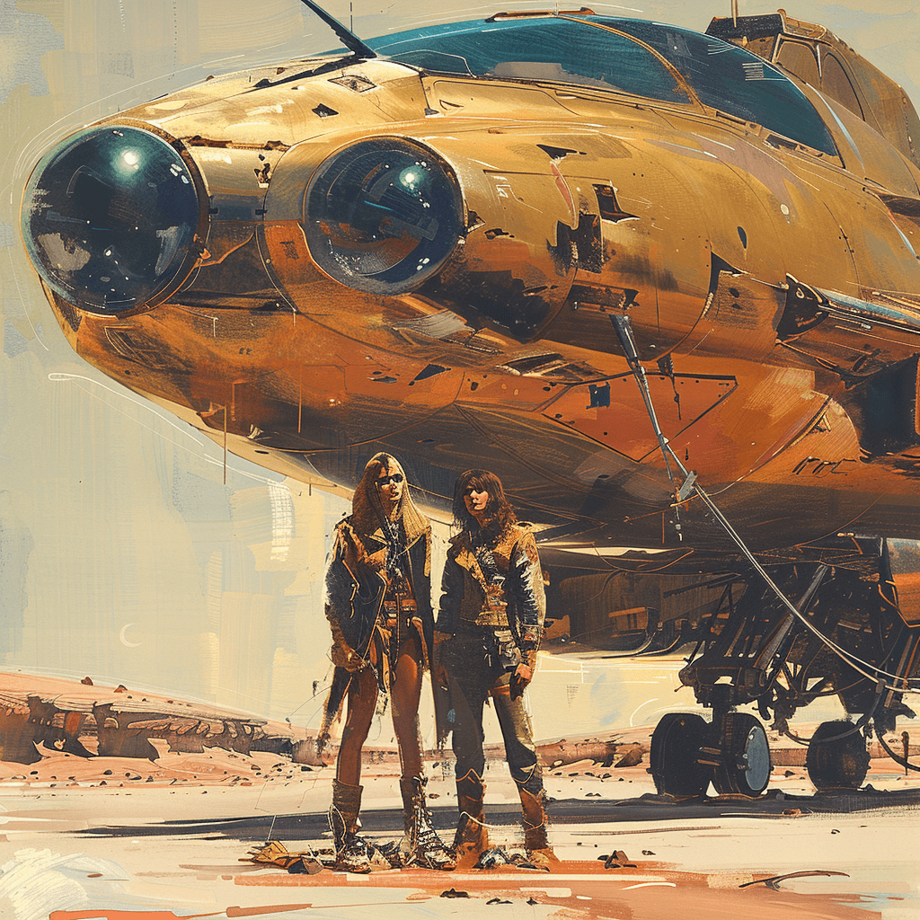 AI generated: 70s dark fantasy book illustration art in the style of Frazetta mecha spaceship with two people stan...