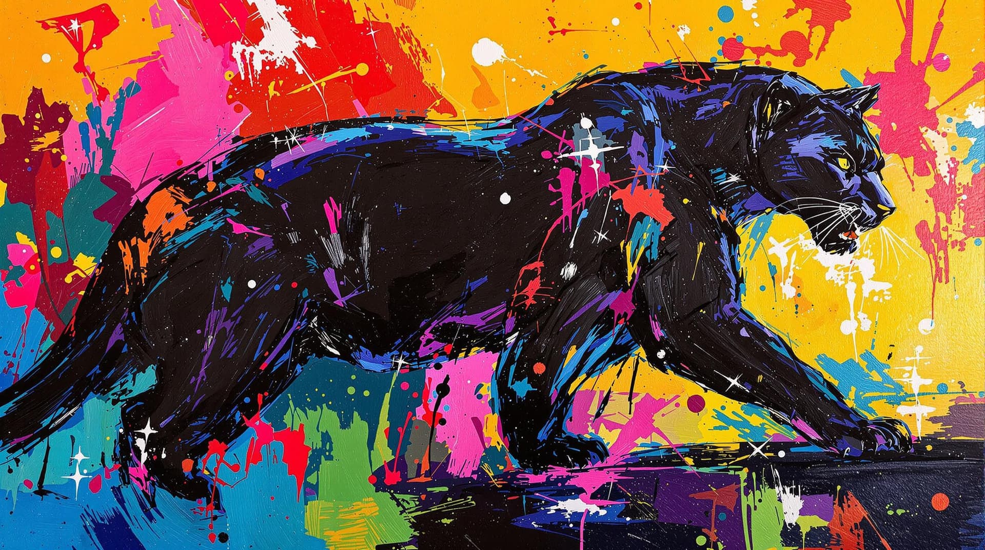 AI generated:    A lively and energetic oil painting in bright, vibrant colors showing    
 a black panther  The s...