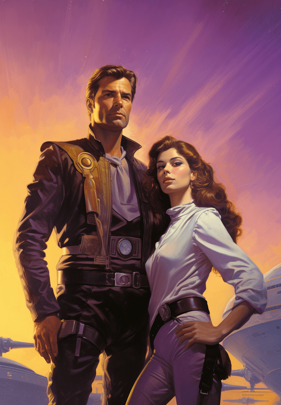 AI generated: A purple space opera uniformed man and woman, pointing to the sky with an airship in the background ...