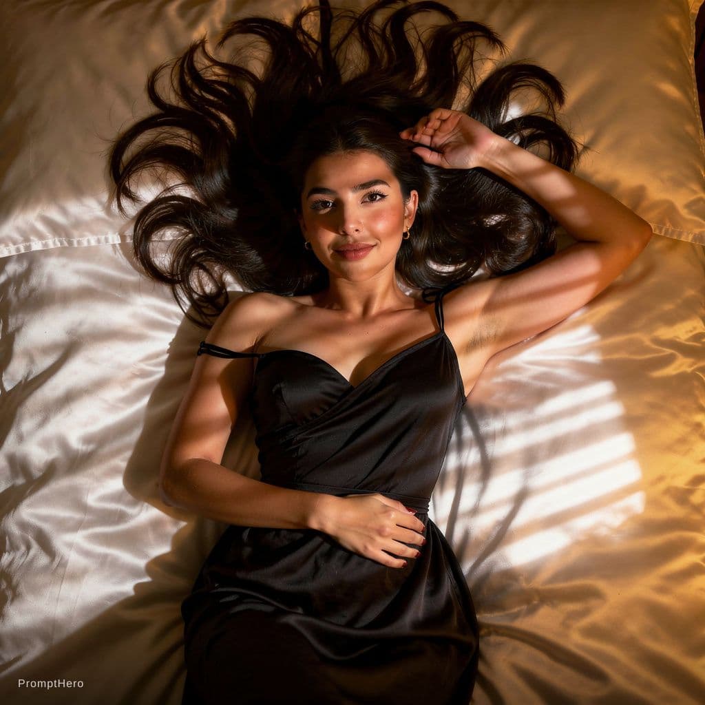 AI generated: Overhead third-person top-down view, beautiful young woman with long voluminous tousled hair dramati...