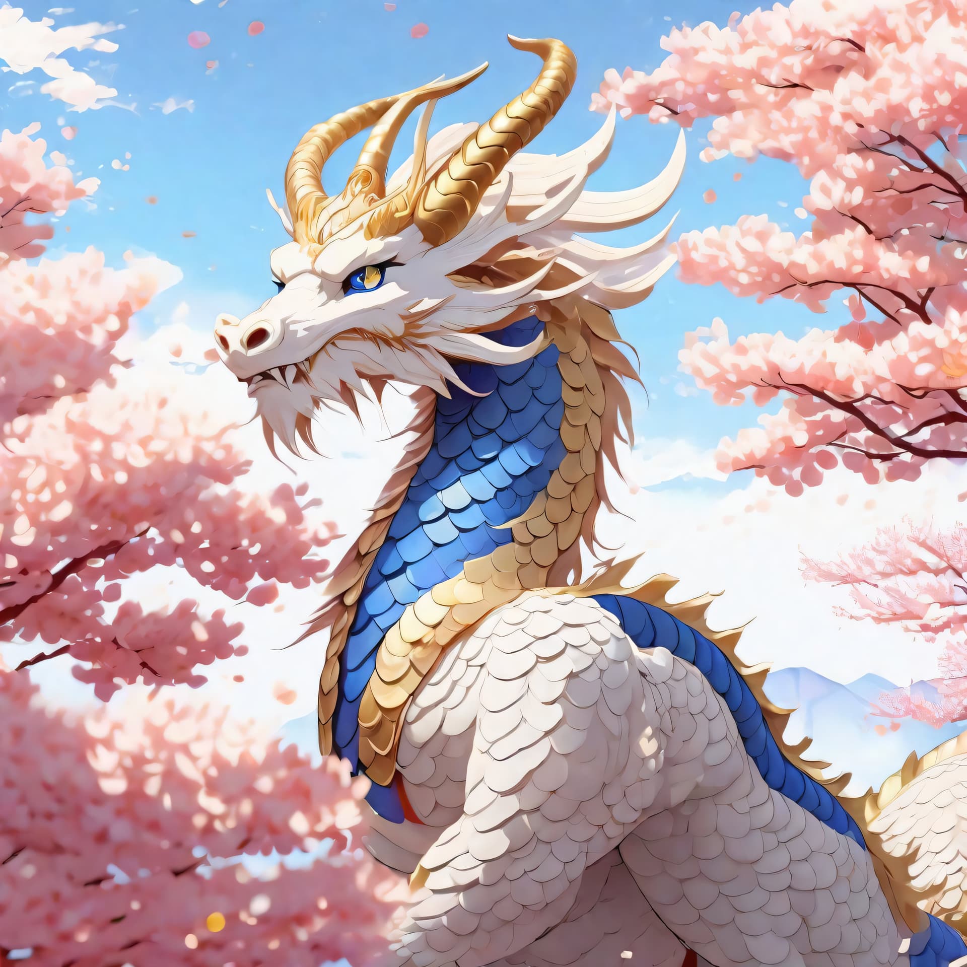 AI generated: a chinese dragon gazing out over the horizon, two horns, detailed scales, detailed eyes, (white and ...