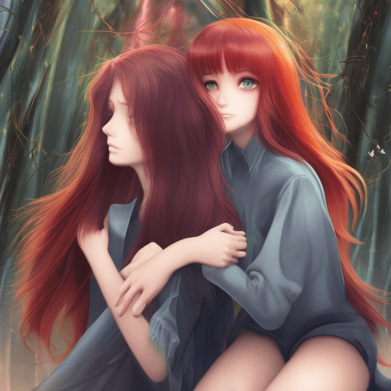 AI generated: a close up of a boy and a girl sitting together and hugging in a forest. girl has long flowing red h...