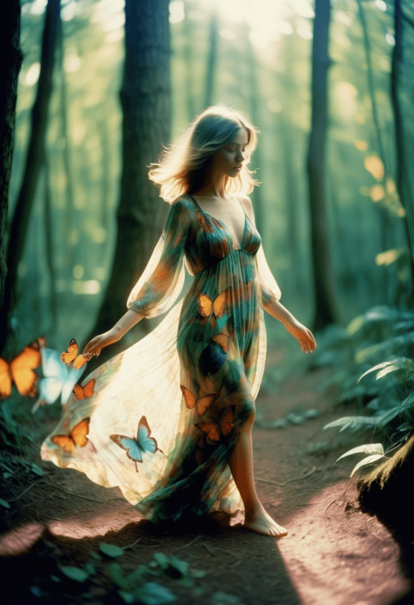 AI generated: analog color film photograph of a woman in a lush forest, from the side, diffused sunlight shining b...