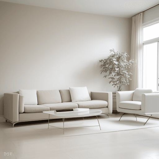 AI generated: Photograph, contemporary living room, soft light of morning, integration of beige flooring and matte...