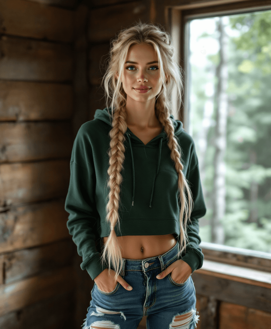 AI generated: A photorealistic image of a fit, very pale woman with a long, cascading blonde braid. She is standin...