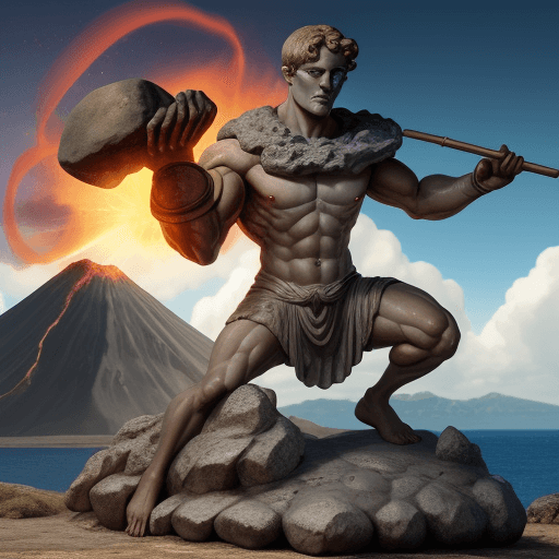 AI generated: A cyclops from ancient greek mythology in front of a dormant vulcano throwing a rock